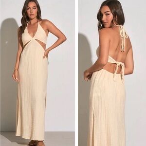 ELAN cutout Cream Halter Maxi Dress NWT L